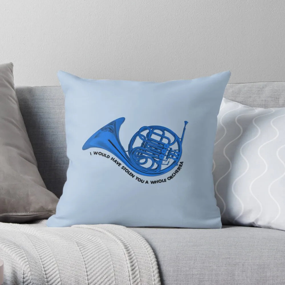 Blue french horn Throw Pillow Cover